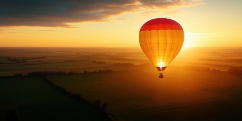 Obraz premium A beautiful sunrise landscape with a red hot air balloon in sky