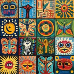 Vibrant Folk Art Tapestry: A kaleidoscope of colors and symbols, this painting bursts with cultural motifs and artistic expression. 