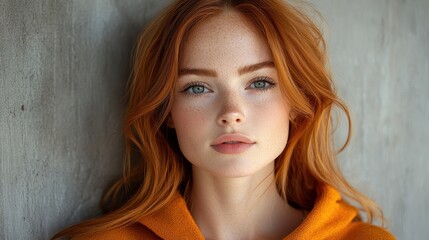 Naklejka premium High-Resolution Portrait of a Red-Haired Woman in an Orange Hoodie Posing Against Gray Walls in a Studio Setting - Captured with Studio Lighting