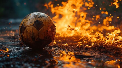Burning soccer ball on a dark abstract background.