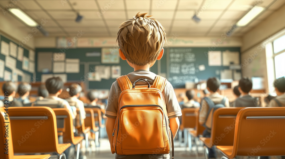 Poster a young boy with a backpack faces a classroom full of students, ready to learn and embrace the journ