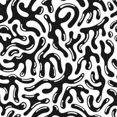 Hand drawn abstract black background. Modern card with creative trendy fluid shapes, doodle organic elements. Seamless pattern with liquid drops in retro style. Monochrome flat vector illustration