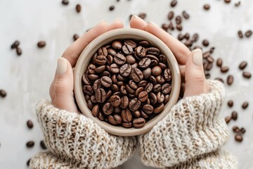 Fototapeta premium Hands Holding Bowl of Coffee Beans with Knitted Sleeves