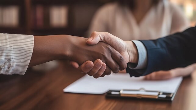 A business handshake taking place in a professional office setting during a formal meeting between two individuals
