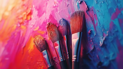 Vibrant Collection of Art Brushes in a Colorful Paint Splattered Jar
