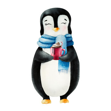 recommend clip art: Cute smiling penguin wearing a blue scarf take Cup of Christmas cocoa, coffee with whipped cream and a candy cane. Winter red mug, nice animal, watercolor hand painted illustration isolated on backgro