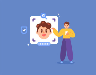facial recognition technology concept. identification and authentication system using faces. biometrics and security. illustration of a user scanning their face to gain login access. flat style design