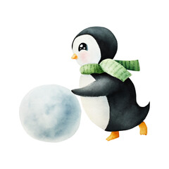 Cute smiling penguin wearing a green scarf with Snowball for making snowman. Christmas north animal, watercolor hand painted illustration isolated on background. For designers, decoration, shop, for p