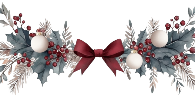 A festive floral arrangement featuring winter leaves, berries, and ornaments, perfect for holiday decorations and seasonal celebrations.