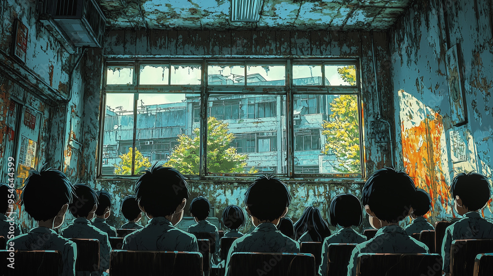 Poster a classroom full of students in uniform, seated at their desks, focused on the lesson. the sunlight 