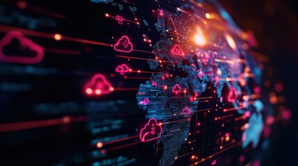 A vibrant digital world map showcasing cloud technology with glowing connections and data flow, representing global communication.