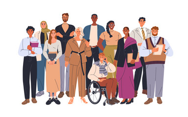 Business people team, diverse entrepreneurs community. Office workers, corporate group of happy colleagues, employees, professionals, staff. Flat vector illustration isolated on white background.