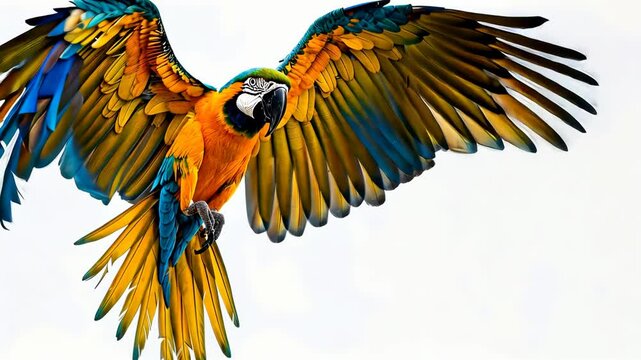 Colorful parrot in flight with vibrant feathers, isolated on white background. Wildlife and nature photography concept