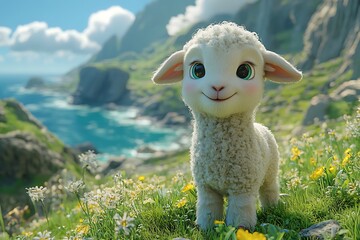 A cute animated lamb standing in a vibrant landscape near the ocean.