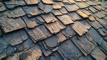 Roof damaged by hail seen from above, with irregular dents and cracks scattered across the shingles, harsh sunlight accentuating the textured surface