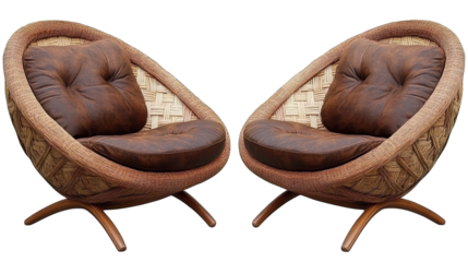 Stylish pair of modern lounge chairs featuring a unique design with plush cushions, perfect for home or office decor.