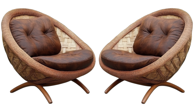 Stylish pair of modern lounge chairs featuring a unique design with plush cushions, perfect for home or office decor.