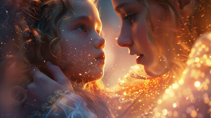 A close-up of the fairy godmother's gentle touch on a child's shoulder, with comforting light flowing between them.