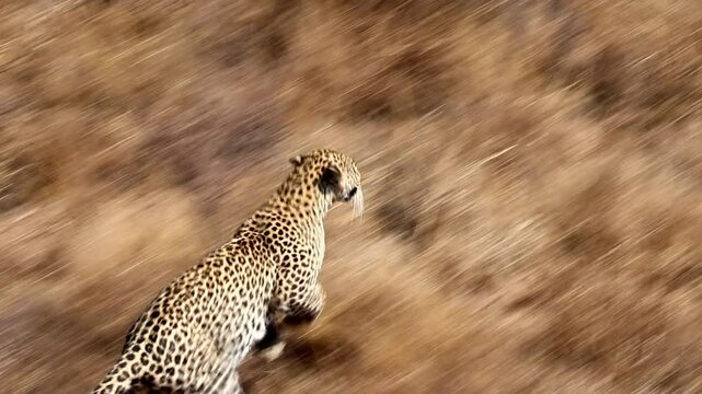 Telephoto top view from helicopter of leopard running in slomo through dry grass
