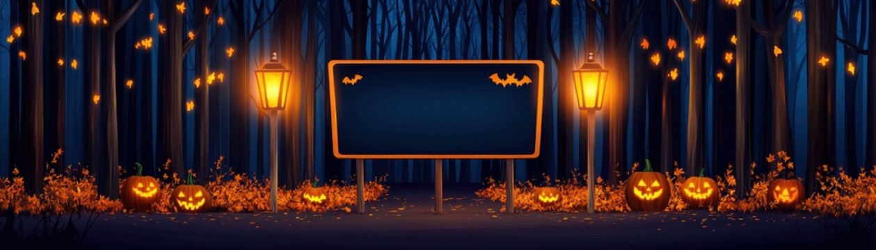 A spooky pumpkin patch scene at night, featuring glowing lanterns and a blank sign surrounded by eerie woods. Perfect for Halloween themes.