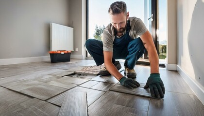 Fototapeta premium Man installing floor tiles in a new home