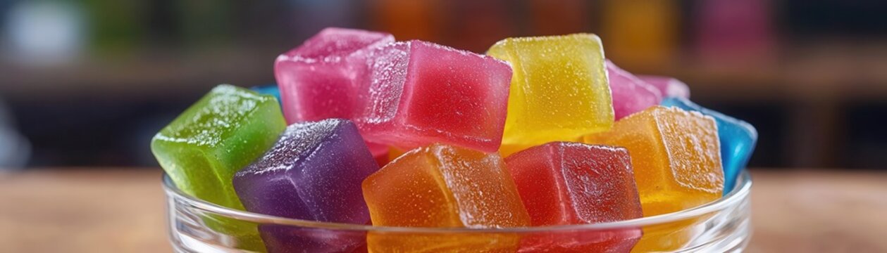 Colorful rainbow jelly cubes in a glass bowl, Jelly dessert, vibrant and fun