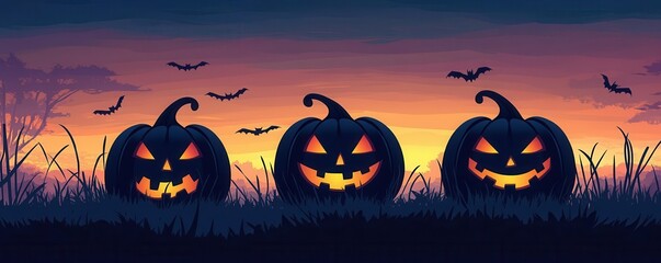 Fototapeta premium Eerie pumpkin silhouettes under a twilight sky, flat design, front view, phantom theme, cartoon drawing, vivid colors