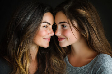 A studio portrait of an European mother and daughter looking at each other and smiling