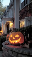 Obraz premium Zucche intagliate, come decoraZIone di Halloween nel giardino di casa o sulla finestra.