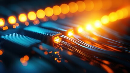 Close-up of illuminated cables connecting in a network, showcasing vibrant colors and intricate details of modern technology.