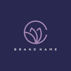 line art initial C with flower and leaves logo vector