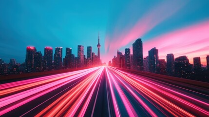 Obraz premium A time lapse of a city skyline, showing the movement of traffic and lights over time.