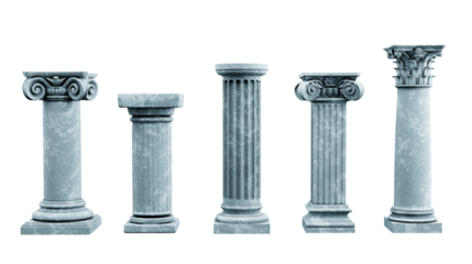 Set of five different classical stone columns with detailed designs