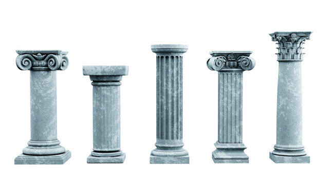 Set of five different classical stone columns with detailed designs