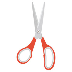 Open scissors with red rubber handles isolated on white background