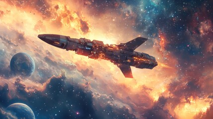 Fototapeta premium Cutting-edge spacecraft soaring in a dreamy space scene, where planets and stars create a stunning cosmic landscape, watercolor