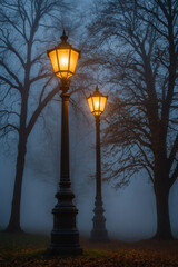 Street lamp glowing on a foggy evening, with misty trees in the background