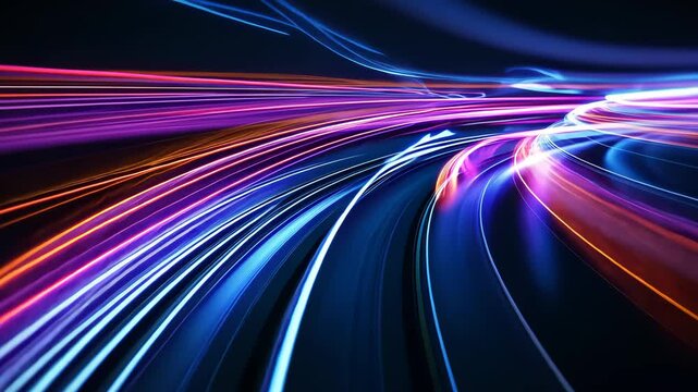 Neon light trails in motion on a dark background, futuristic speed and technology concept