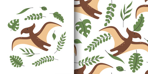 Cute vector childish poster and seamless pattern with pterodactyl © Naiadin