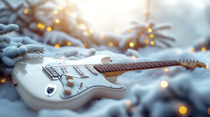 The white electric guitar in winter with the snow and bogeh background, the concept a song about winter,