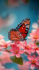 Butterfly sitting on pink flowers against a nature background