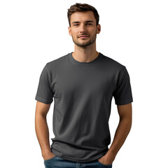 Obraz premium Charcoal Gray T-Shirt Mockup on Model with Transparent Background - Perfect for Fashion Design and E-Commerce Product Display - High-Quality Apparel Image