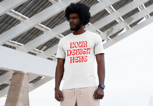 Mockup Of Man In Customizable T-Shirt, Low Angle