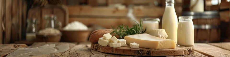 Assorted Dairy Products on Wooden Table with Fresh Herb Garnish
