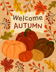 Autumn Background with Leaves and Pumpkins, Watercolor Vector Illustration,  Pumpkin Autumn, Welcome Autumn