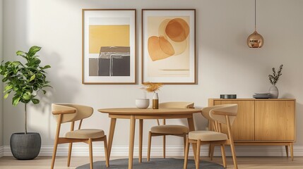 Modern home room interior with wood table and chairs