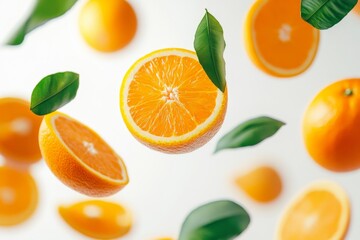 Fototapeta premium Flying fresh raw whole and sliced oranges with leaves on white background. Falling oranges