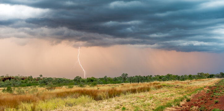 Dark storm clouds with lightning bolt hitting towards the ground.