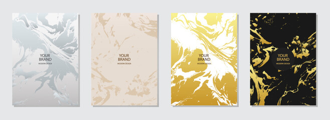 Cover design set. Textured colorful marble backgrounds, gold texture. Geometric abstract pattern with stains, cracks, scratches. Unique collection, grunge overlay layer. Vertical templates.
