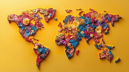 Colorful world map created with vibrant materials, showcasing artistic representation of continents and countries.